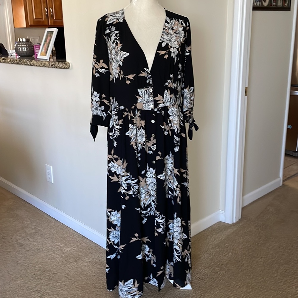 Paolino Maxi Black Dress. Floral Detail Buttoned Front.
